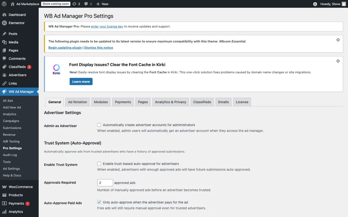 WB Ad Manager Pro settings panel showing geo-targeting, language, and device rule configuration
