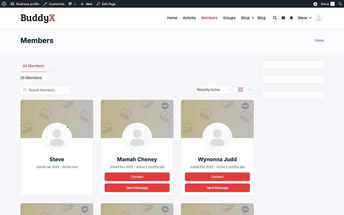 BuddyPress Business Profile member directory showing business listings with review ratings