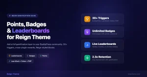 Reign Theme gamification dashboard showing points balance, badge grid, and leaderboard blocks with trophy, award, and star icons on a dark background