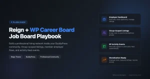 Reign Theme WP Career Board setup showing job listings inside BuddyPress member profiles and group pages