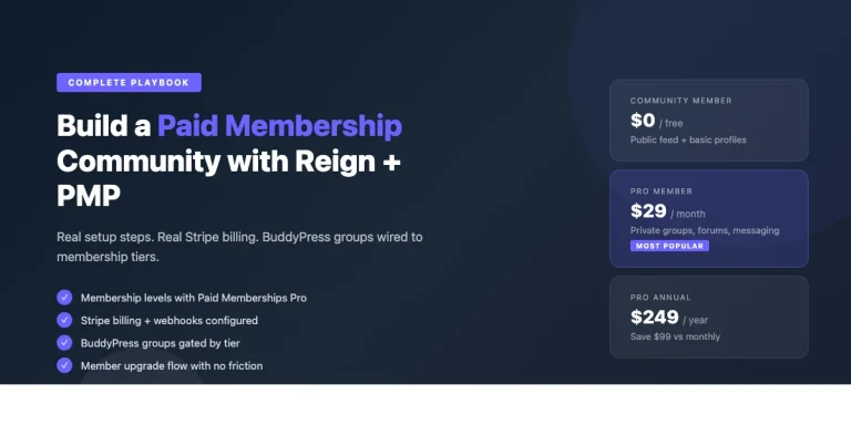 WordPress membership site setup with Reign Theme and Paid Memberships Pro showing free, Pro Monthly, and Pro Annual tier structure