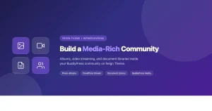 Lucide icon grid showing photo album, video, document, and community icons with text: Build a Media-Rich Community — Reign Theme and WPMediaVerse