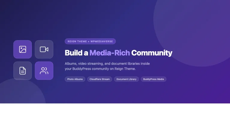 Lucide icon grid showing photo album, video, document, and community icons with text: Build a Media-Rich Community — Reign Theme and WPMediaVerse
