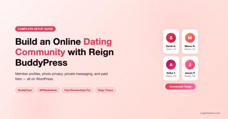 Build an Online Dating Community with Reign BuddyPress Theme - featured image showing member profile cards and connection UI