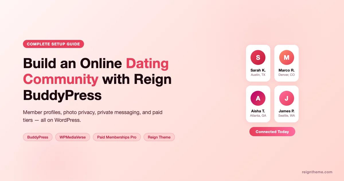 Build an Online Dating Community with Reign BuddyPress Theme - featured image showing member profile cards and connection UI