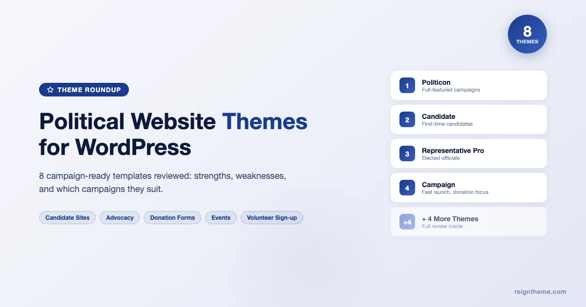 Political Website Themes for WordPress - 8 campaign-ready templates reviewed including Politicon, Candidate, and Representative Pro
