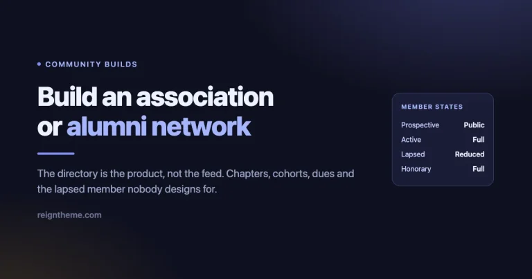Dark banner reading build an association or alumni network, with a member states card showing prospective, active, lapsed and honorary