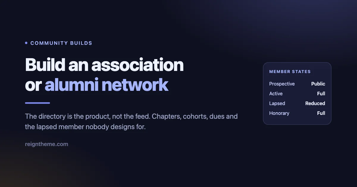 Dark banner reading build an association or alumni network, with a member states card showing prospective, active, lapsed and honorary