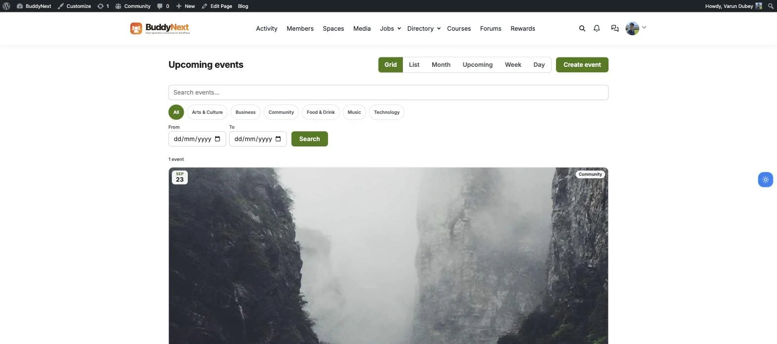 BuddyNext upcoming events page with grid, list, month and week views and event category filters