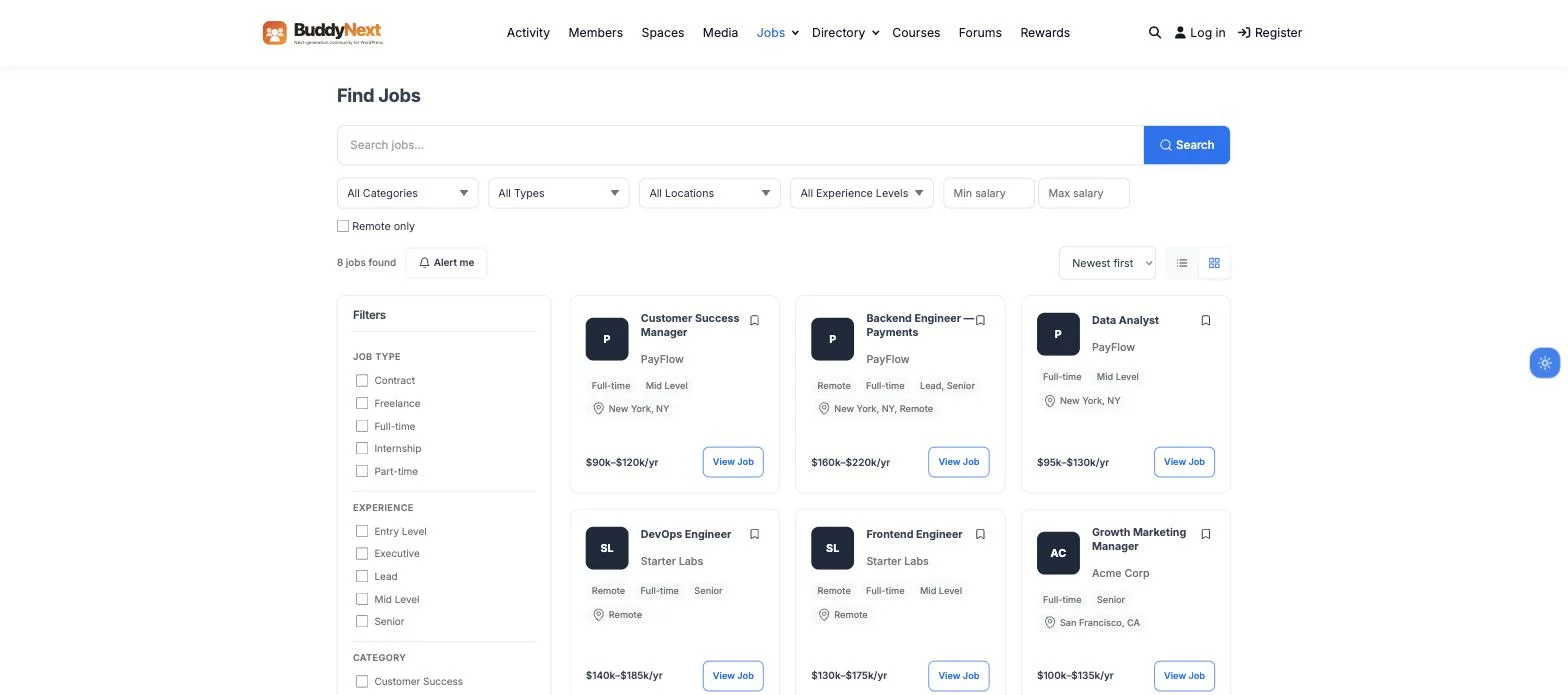 BuddyNext job board listing open roles with salary ranges, remote filters, and job type tags