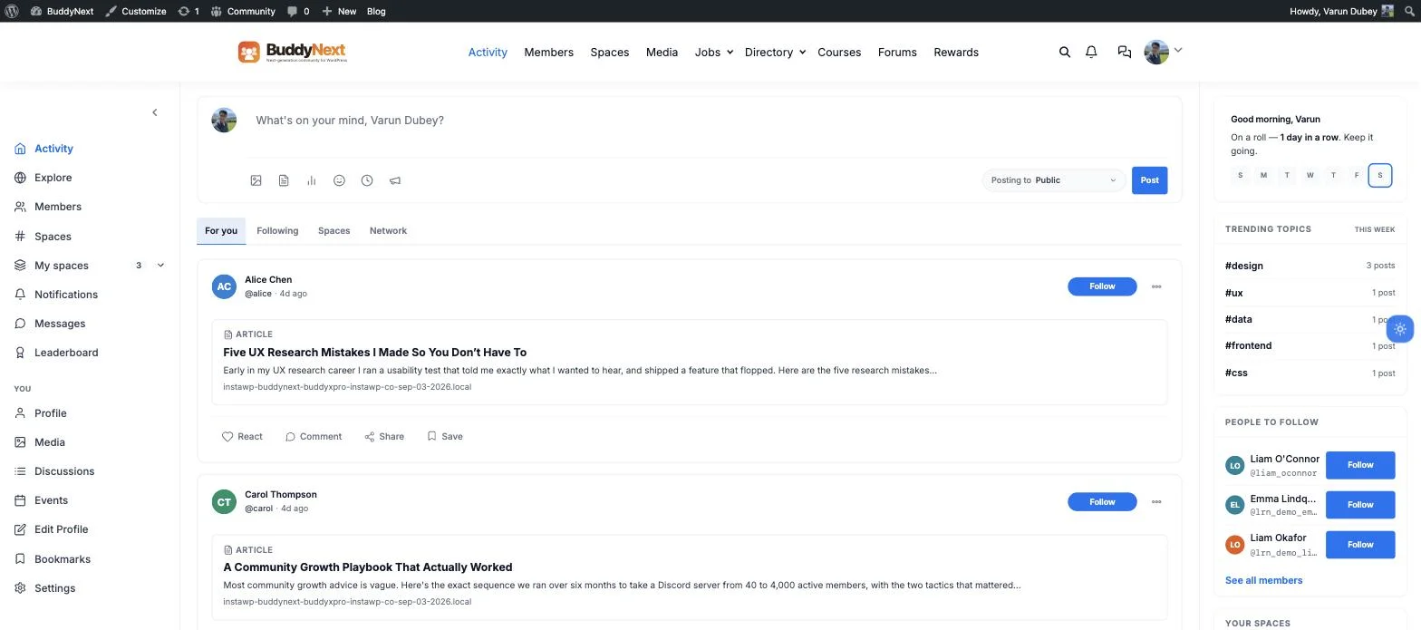 BuddyNext dashboard showing Activity, Members, Spaces, Media, Jobs, Directory, Courses, Forums, and Rewards all in one navigation bar