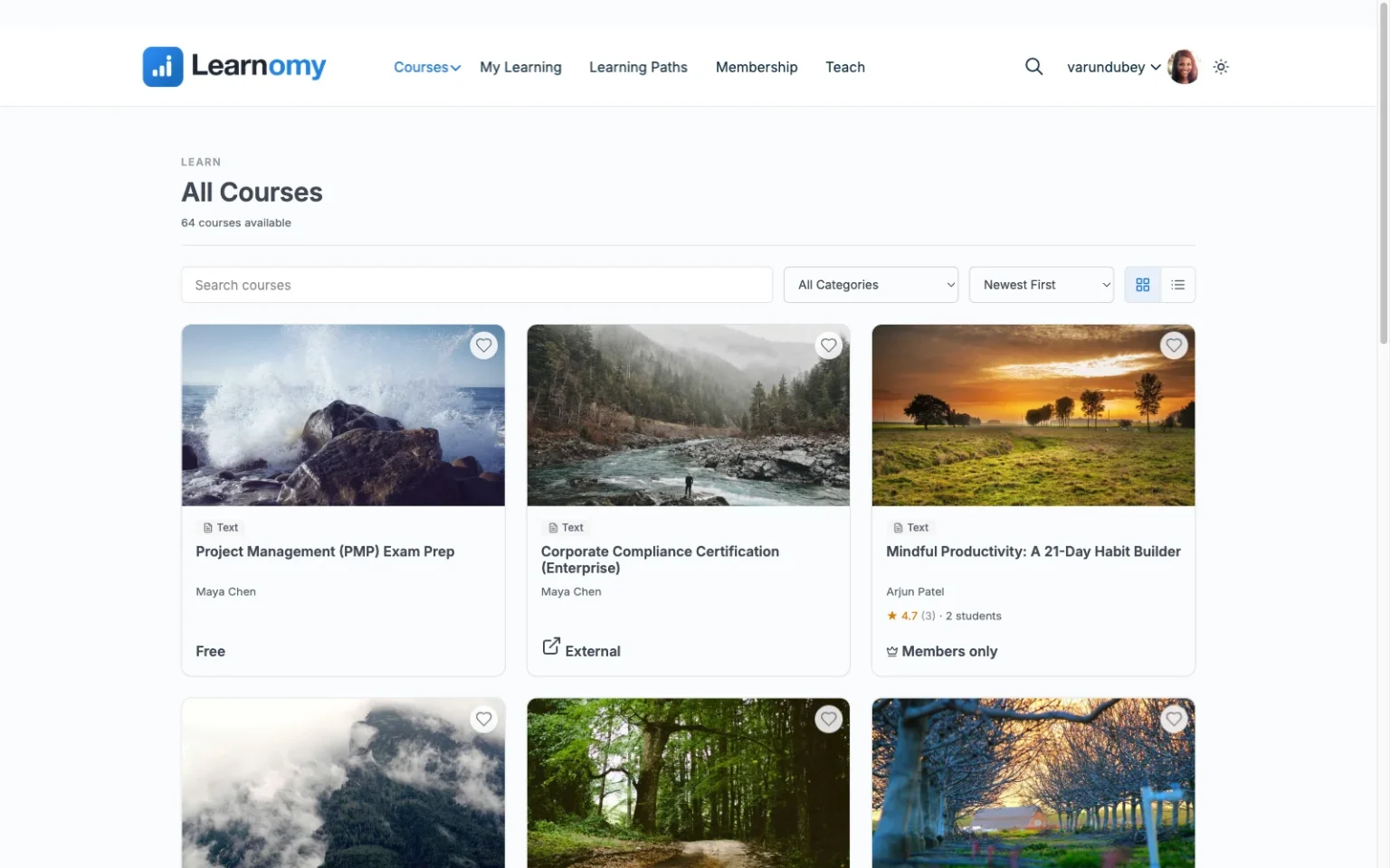 The Learnomy course catalog interface