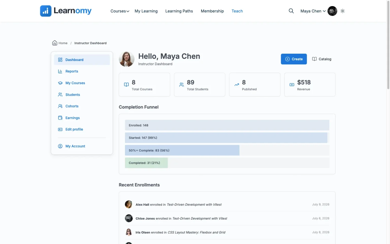 Learnomy instructor dashboard for a solo course creator