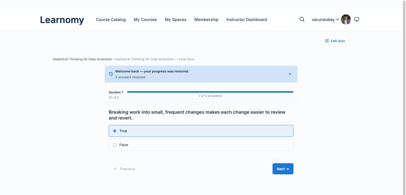 Learnomy quiz player with sectioned exam layout and progress restore