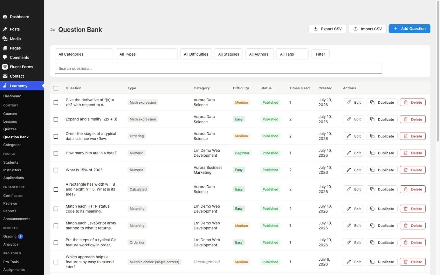 Learnomy question bank with all quiz question types