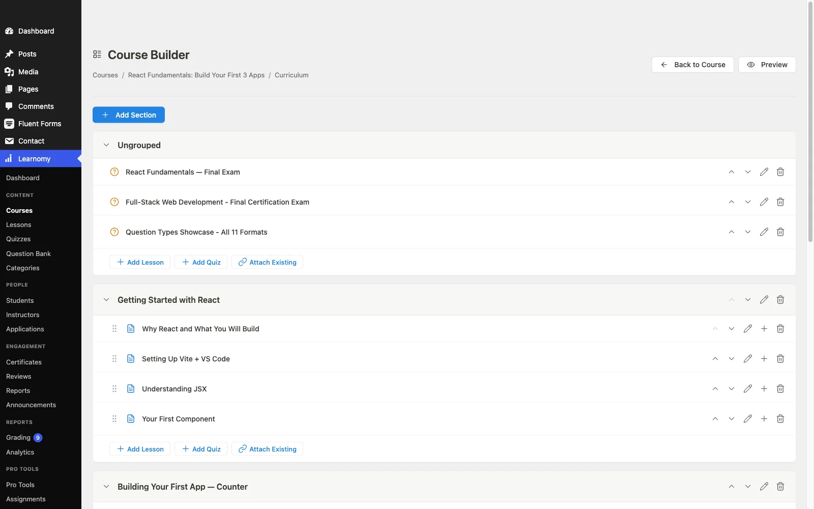 Learnomy drag-and-drop course builder for creating structured curricula
