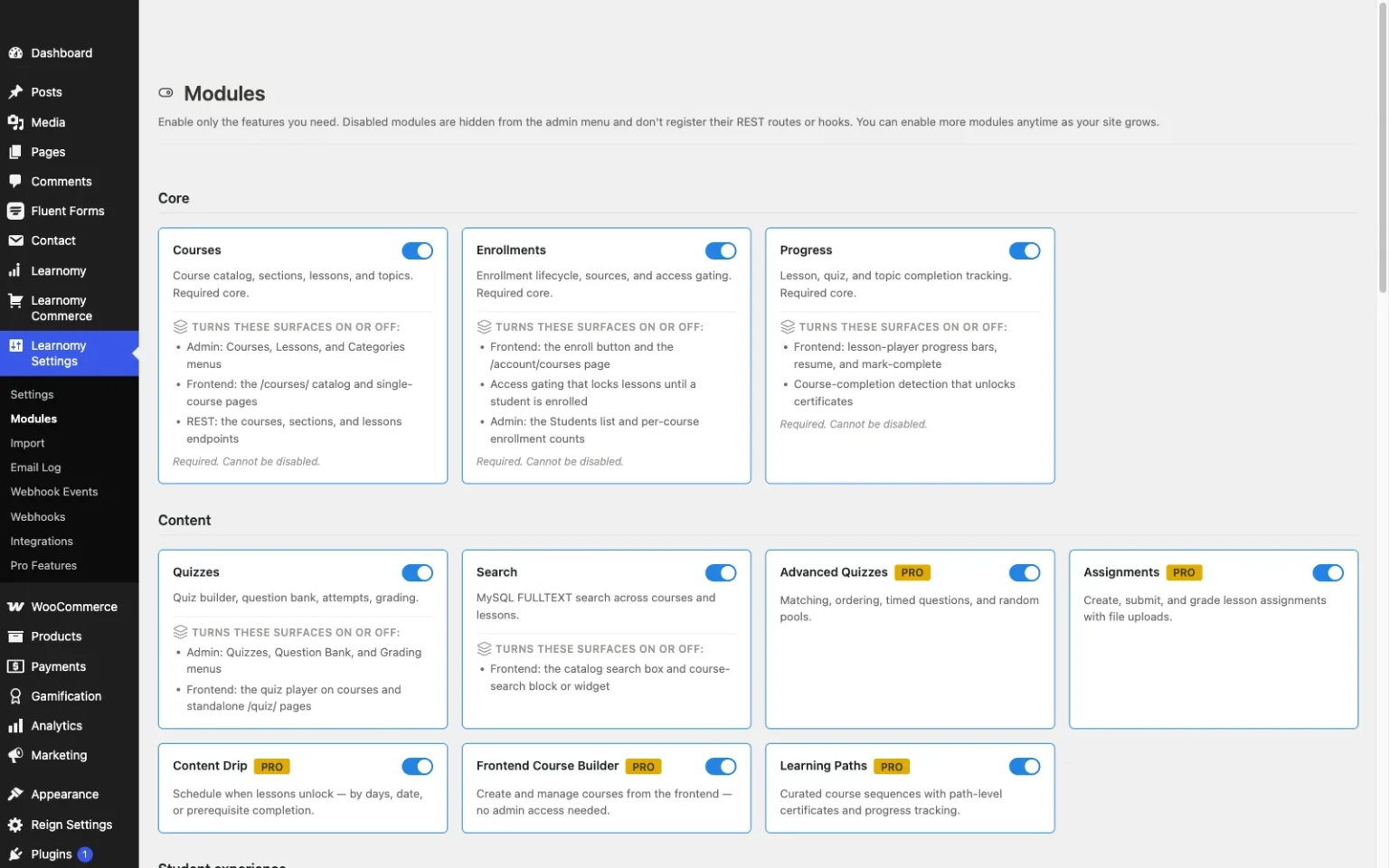 Learnomy modules hub showing the complete self-contained feature set