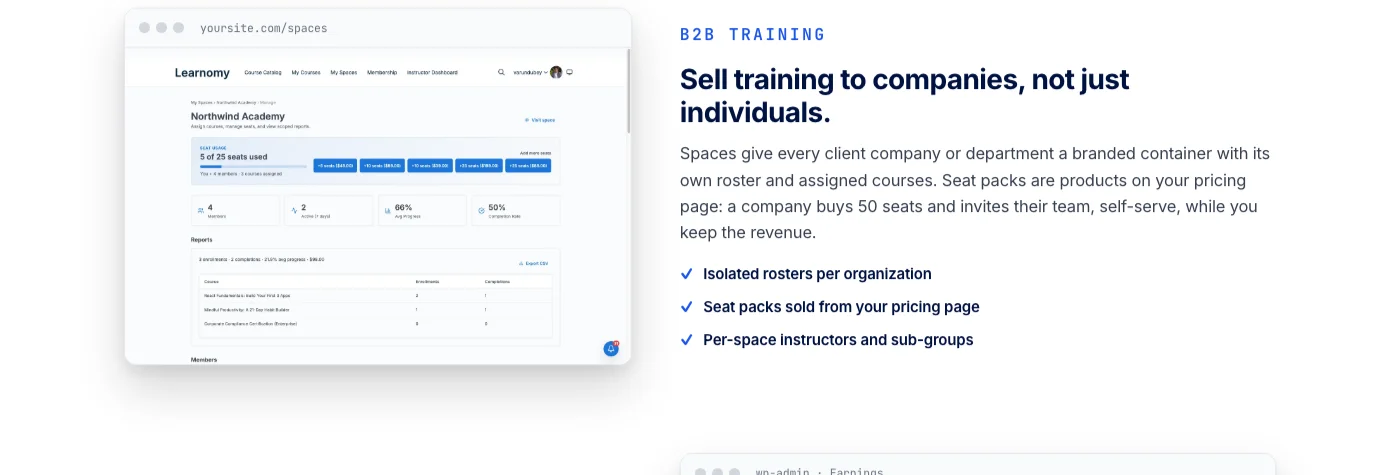 Learnomy Spaces dashboard showing B2B team seats, roster, and course reporting for corporate training