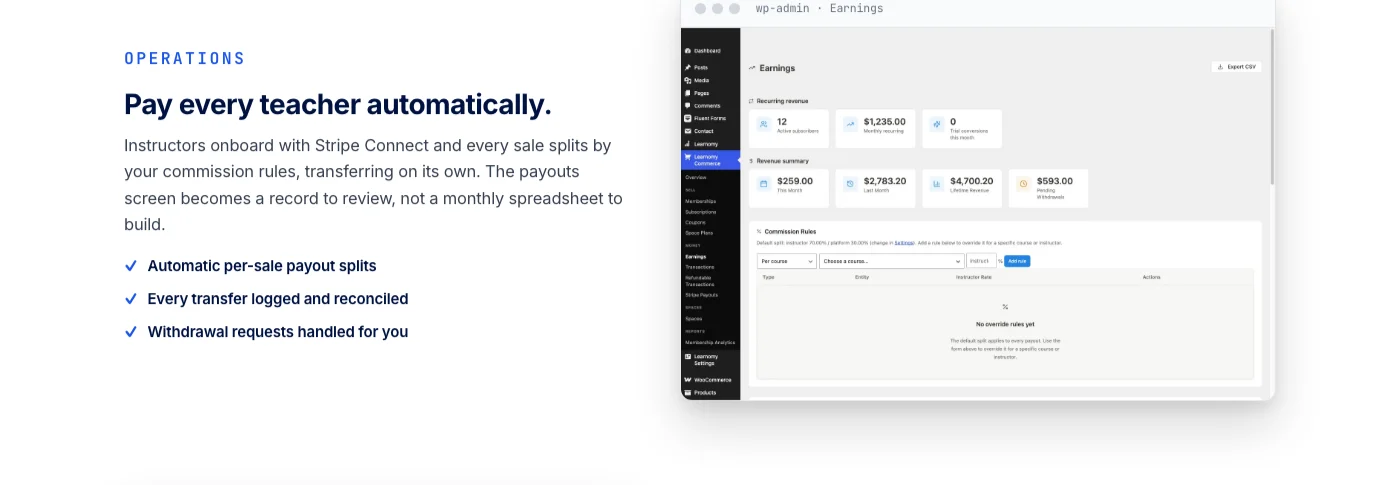 Learnomy instructor revenue sharing and payout dashboard for multi-teacher schools