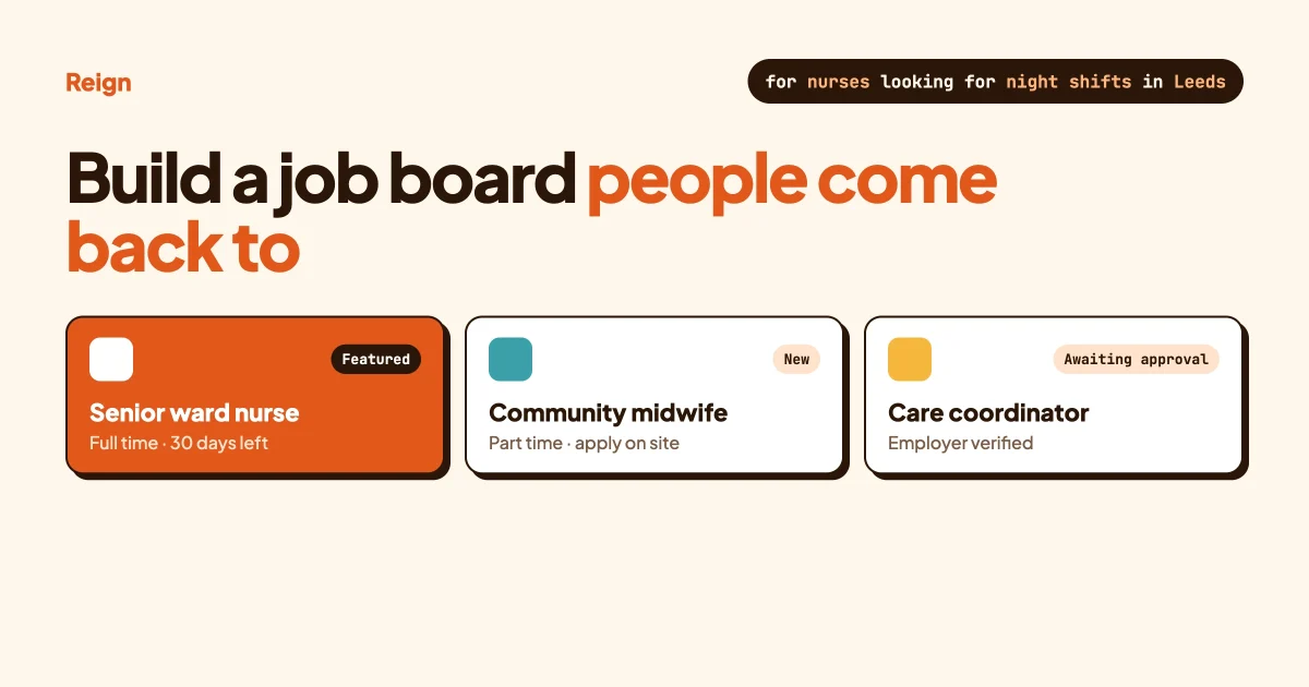 Three job listing cards for a niche nursing job board, one featured, one new and one awaiting approval